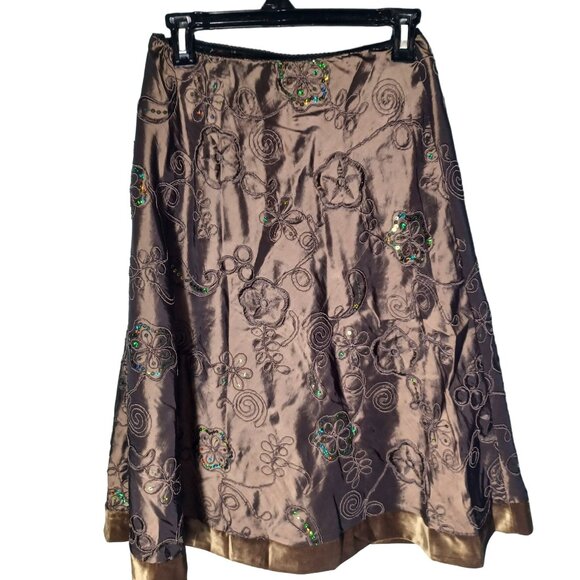 MSK Midi Skirt Womens Small Green Fairycore Grunge Embroidered Mixed Media Satin - Picture 6 of 8